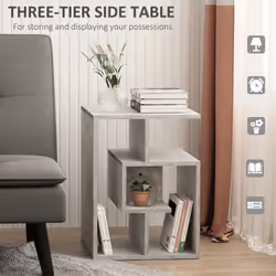 HOMCOM 3-Tier Side End Table Open Shelves Storage Magazine Desk Grey