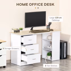 HOMCOM 120cm Computer Desk PC Table Workstation w/ 3 Shelf & Drawers White