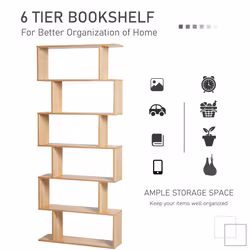 HOMCOM 6-Tier Wooden Modern S-Shaped Shelf Storage Unit Home Office Oak Colour