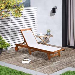 Outsunny Outdoor Texteline Chaise Sun Lounger Acacia Wood Bed Recliner w/ Wheels