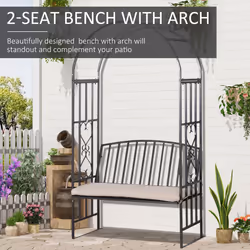 Outsunny Garden Arbor Arch Metal Bench Padded Seat Outdoor Decoration Patio
