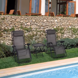 Outsunny 3PC Zero Gravity Chairs Sun Lounger Table Set W/ Cup Holders Dark Grey