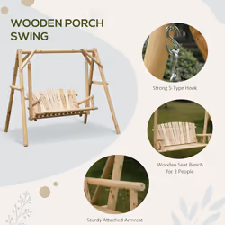 Outsunny Outdoor 2 Seater Porch Swing Wooden Rustic Patio Bench w/ Armrest