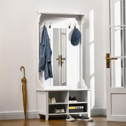 HOMCOM Hallway Furniture Set Shoe Bench Storage Mirror Cabinet w/ 4 Hooks