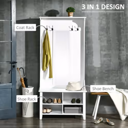 HOMCOM Hallway Furniture Set Shoe Bench Storage Mirror Cabinet w/ 4 Hooks