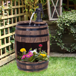 Outsunny Wood Barrel Pump Garden Fountain Water Feature Flower Planter Stand New