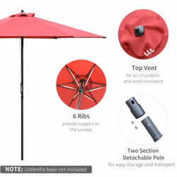 Outsunny 2.8m Patio Umbrella Parasol Outdoor Table Umbrella 6 Ribs Wine Red