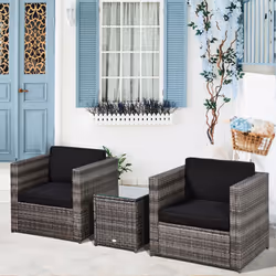 Outsunny 3Pcs Patio 2 Seater Rattan Sofa Garden Furniture Set Coffee w/ Cushions