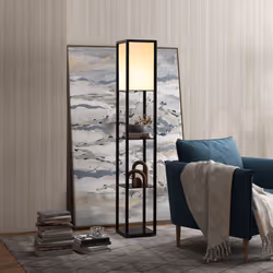 HOMCOM Floor Lamp Reading Lamp with 3-Tier Storage Shelf for Home Office, Black