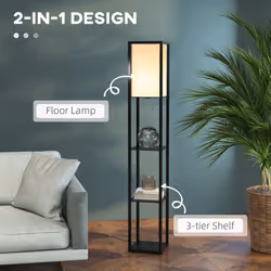 HOMCOM Floor Lamp Reading Lamp with 3-Tier Storage Shelf for Home Office, Black