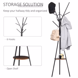 HOMCOM 180cm Free Standing Coat Rack Metal Shelf Holder Stand Hat Hanger Brown