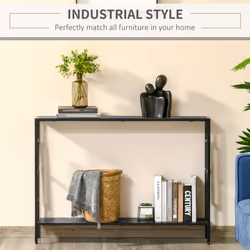 HOMCOM Industrial Console Table w/ Storage Shelf Black Metal Frame Grey