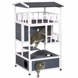 PawHut Wooden Outdoor Cat House 3-Tier Kitten Shelter w/ Tilted Roof Grey