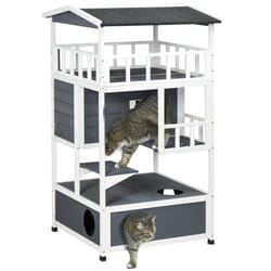 PawHut Wooden Outdoor Cat House 3-Tier Kitten Shelter w/ Tilted Roof Grey