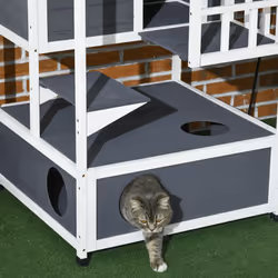 PawHut Wooden Outdoor Cat House 3-Tier Kitten Shelter w/ Tilted Roof Grey