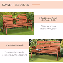 Outsunny Convertable 3-Seater Wood Bench Table Garden w/ Armrests Orange