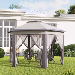 Outsunny 3x4m Hexagon Gazebo w/ Mesh Curtains Outdoor Garden, Beige