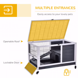 PawHut Wooden Guinea Pig Hutch 2-Floor Design w/ Wheels, Grey