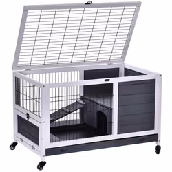 PawHut Wooden Guinea Pig Hutch 2-Floor Design w/ Wheels, Grey - Additional view 8
