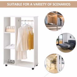 HOMCOM Rolling Open Wardrobe Hanging Rail Storage Shelves for Clothes, White - Additional view 4