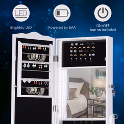 HOMCOM Mirrored Jewelry Cabinet Armoire Floor Standing w/ Lock, LED Light White - Additional view 11