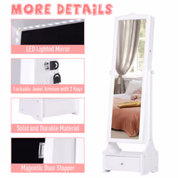 HOMCOM Mirrored Jewelry Cabinet Armoire Floor Standing w/ Lock, LED Light White
