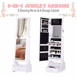 HOMCOM Mirrored Jewelry Cabinet Armoire Floor Standing w/ Lock, LED Light White - Additional view 5