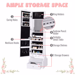 HOMCOM Mirrored Jewelry Cabinet Armoire Floor Standing w/ Lock, LED Light White - Additional view 6