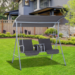 Outsunny 2 Person Covered Patio Swing with Pivot Table & Storage Console Grey