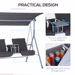 Outsunny 2 Person Covered Patio Swing with Pivot Table & Storage Console Grey