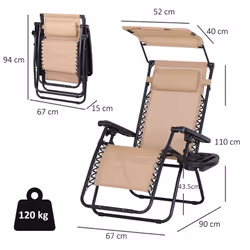 Outsunny Zero Gravity Chair Adjustable Patio Lounge w/ Cup Holder Beige - Additional view 7