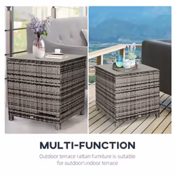 Outsunny Side Table Furniture Tempered Glass Garden Patio Wicker Mixed Grey