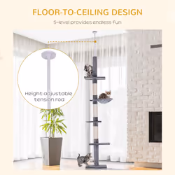 PawHut Floor to Ceiling Cat Tree for Indoor Cats 5-Tier Kitty Tower Grey