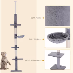 PawHut Floor to Ceiling Cat Tree for Indoor Cats 5-Tier Kitty Tower Grey