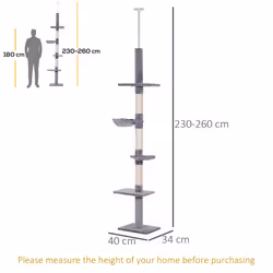 PawHut Floor to Ceiling Cat Tree for Indoor Cats 5-Tier Kitty Tower Grey - Additional view 8