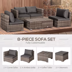 Outsunny 8pc Outdoor Patio Furniture Set Weather Wicker Rattan Sofa Chair Grey