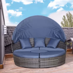 Outsunny 4 PCs Cushioned Outdoor Plastic Rattan Round Sofa Bed Table Set Grey