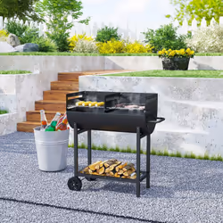 Outsunny Trolley Portable Outdoor Charcoal BBQ Grill Cart 2 Rolling Wheels Black