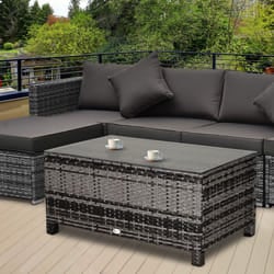 Outsunny Garden Rattan Side Table,Wicker Coffee Desk, Glass Top, Mixed Grey
