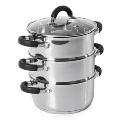 Tower Essentials 3-Tier Steamer with Glass Lid and Polished Mirror Finish, Stainless Steel , 18 cm