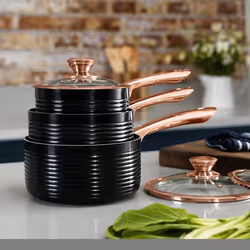 Tower 3pc Linear Non-Stick Saucepan Set | Black & Rose Gold Aluminium Pans