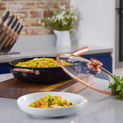 Tower Linear Saute Multi-Pan 28cm with Lid, Non-Stick Aluminium, Black/Rose Gold