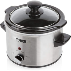 Tower Stainless Steel Slow Cooker with 3 Heat Settings, Keep Warm Function, Tempered Glass Lid, Removable Ceramic Pot, 1.5 Litre, 120 W, Silver