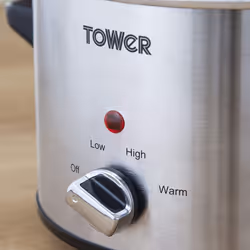 Tower Stainless Steel Slow Cooker with 3 Heat Settings, Keep Warm Function, Tempered Glass Lid, Removable Ceramic Pot, 1.5 Litre, 120 W, Silver