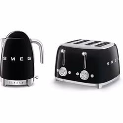 Smeg KLF04BLUK Jug Kettle with 7 Temperature Settings , 3KW, 1.7L & TSF03BLUK 4 Slice Toaster, Extra Wide Slots, Black