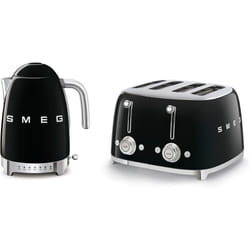 Smeg KLF04BLUK Jug Kettle with 7 Temperature Settings , 3KW, 1.7L & TSF03BLUK 4 Slice Toaster, Extra Wide Slots, Black