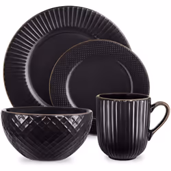 Tower T867002BLK Empire 16 Piece Dinnerware Set, Stoneware, Black and Brass