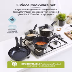 Tower T900130 Diamo 5 Piece Cookware Set 18cm 20cm 22cm Saucepans Tempered Glass Lids, 20cm 24cm Frying Pans Black