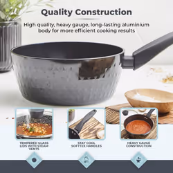 Tower T900130 Diamo 5 Piece Cookware Set 18cm 20cm 22cm Saucepans Tempered Glass Lids, 20cm 24cm Frying Pans Black - Additional view 4