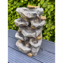 AllPondSolutions Rock Waterfall 7 Water Bowls with LED Lights - Solar